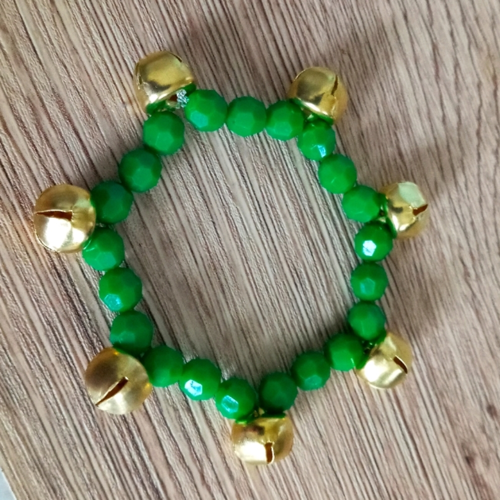 Green crystal gold jingle bell Christmas bracelet hand crafted